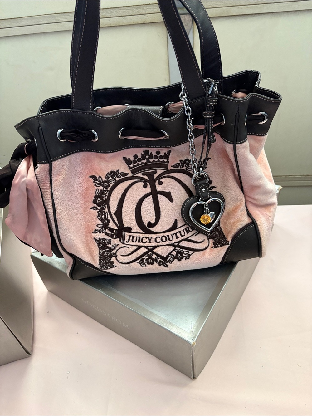 Juicy Couture Blush Pink and Black Logo Drawstring Tote vintage